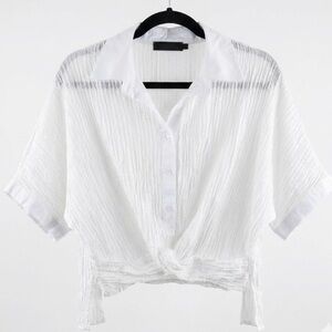 FM2050 White Crinkle Textured Button Down Faux Tie Crop Top Shirt S Korea